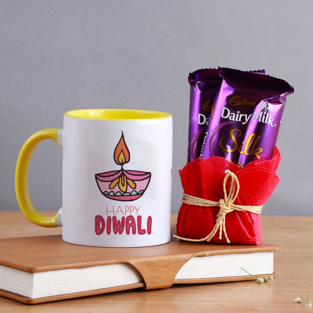 Customized Diwali Wishes Mug With Dairy Milk Bubbly