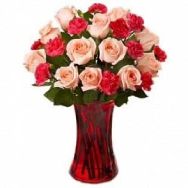 10 Light Pink Roses and 8 Pink Carnations in a Glass Vase