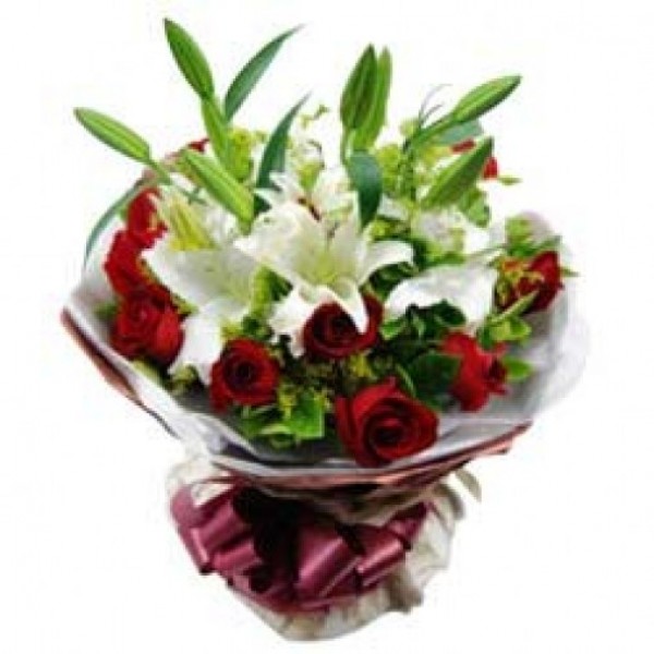 12 Red Roses and 4 White Asiatic Lilies in Red paper packing