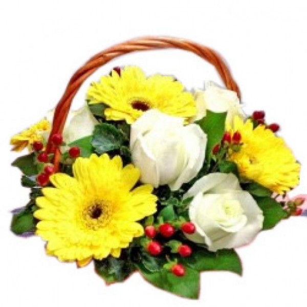 An Arrangement of 5 Yellow Gerberas and 5 White Roses in a Basket