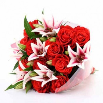 12 Red Roses and 4 Pink Oriental Lilies in special paper