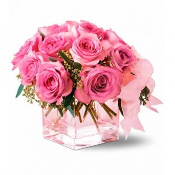 14 Pink Roses in Square Vase and Pink Ribbon