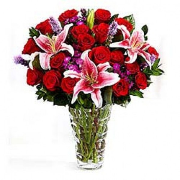 19 Red Roses and 1 Oriental Lily in a Glass Vase