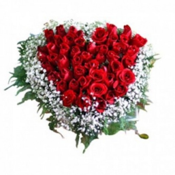 Heart-shaped arrangement of 60 Red Roses