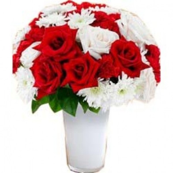 12 Red Roses and 5 White Roses and 10 White Gerberas in a Glass Vase