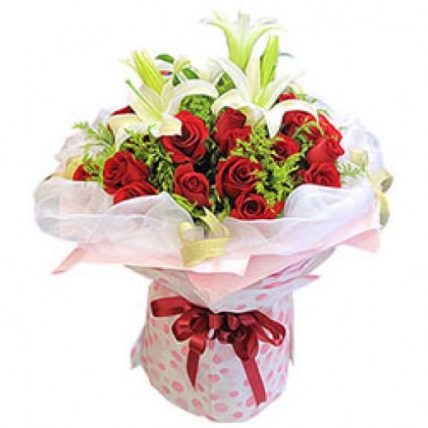 20 Red Roses and 2 White Asiatic Lilies in Paper Packing
