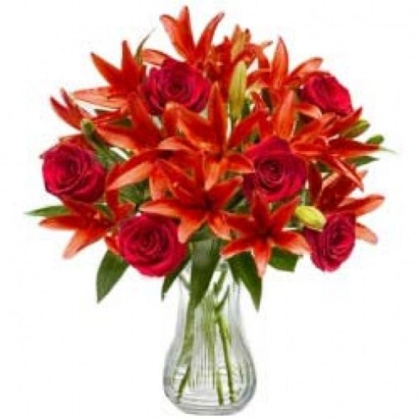 12 Red Roses and 7 Red Asiatic Lilies in a Glass Vase