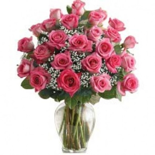  20 Long Stemmed Pink Roses in a glass vase