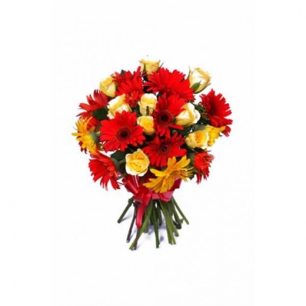 10 Gerberas (Red and Yellow) and 6 Yellow Roses Bunch