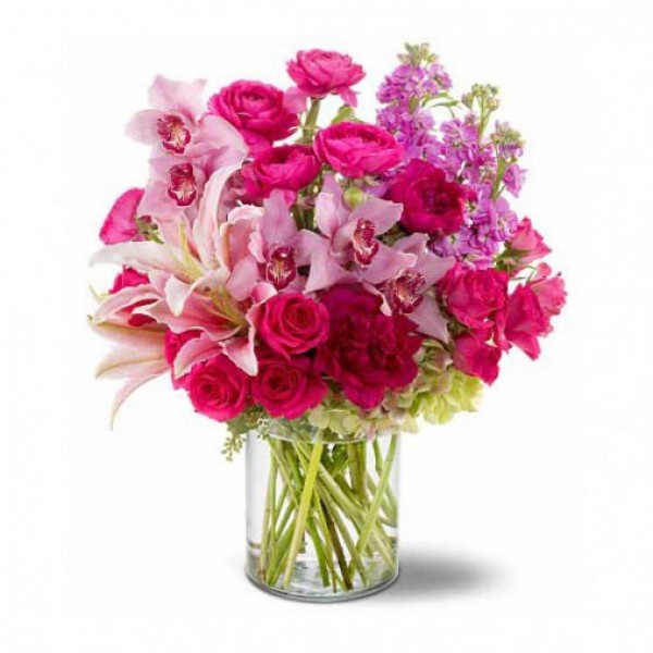 15 Pink Roses and 4 Pink Asiatic Lilies and 20 Carnations (Red & Pink) in a Glass Vase