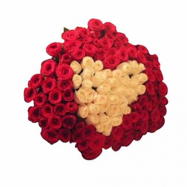 A Heart-shaped floral arrangement of 40 Red Rose and 20 White Roses