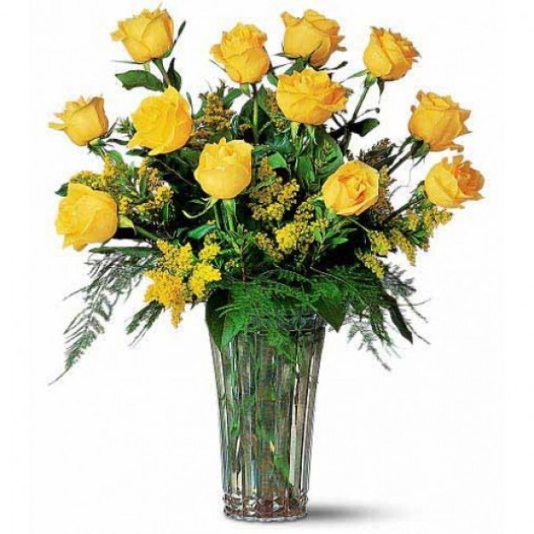 12 Yellow Roses in a Glass Vase