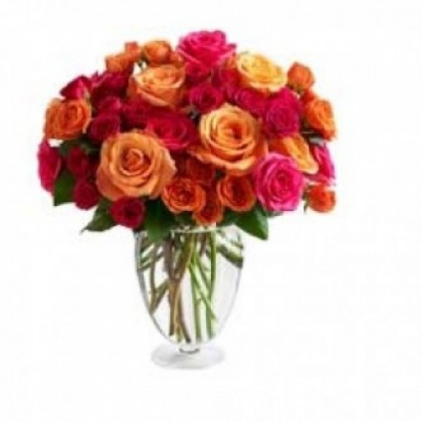 40 Assorted Roses in a Glass Vase