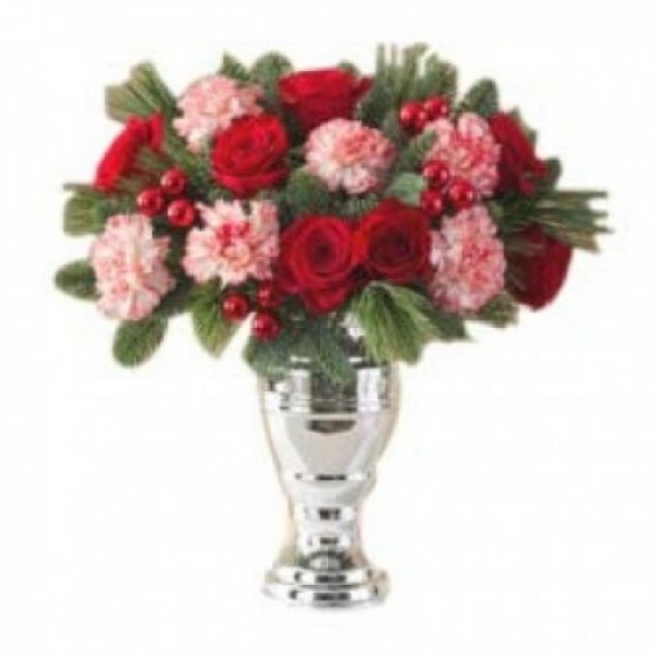 6 Light Pink Carnations and 8 Red Roses in a Glass Vase