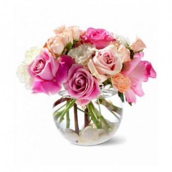 10 Light Pink Roses with 6 White Roses and 5 White Carnations in a Glass Vase