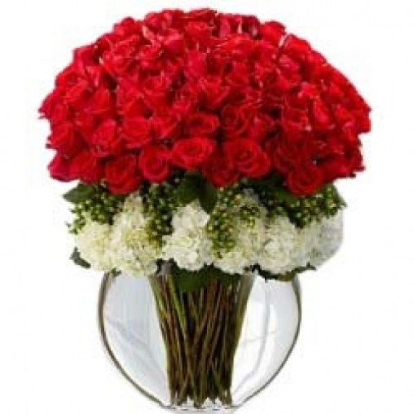 60 Red Roses and 20 White Carnations in a Glass Vase