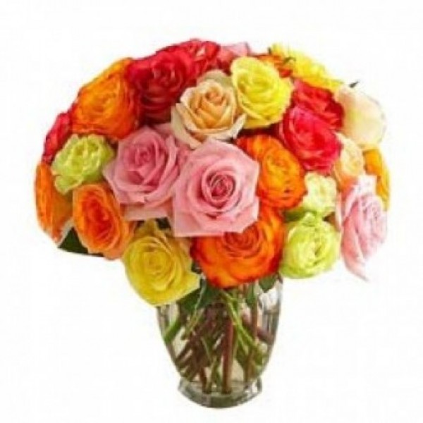 30 Assorted Roses in a Glass Vase