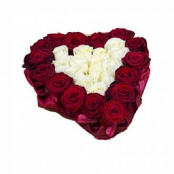  a Heart-shaped floral arrangement of 15 Red Rose and 15 White Roses