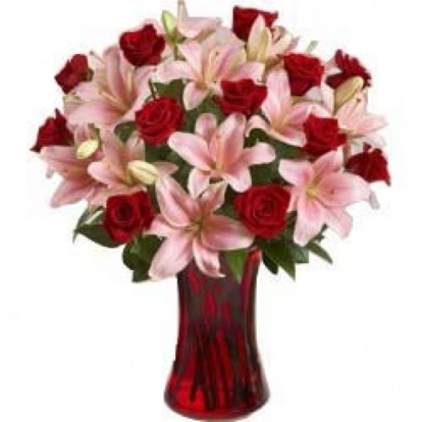  5 Pink Asiatic Lilies and 12 Red Roses Bouquet