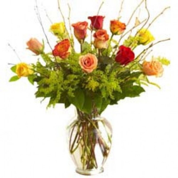 12 Assorted Roses in a Glass Vase
