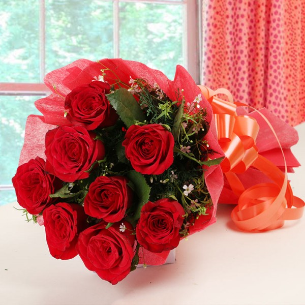 10 Red Roses in Red paper
