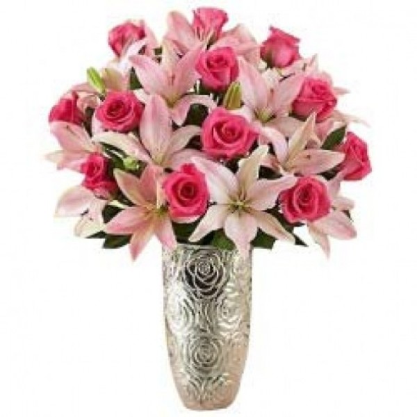 10 Pink Roses and 4 Pink Asiatic Lilies with glass vase