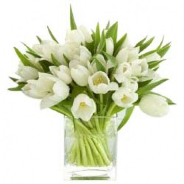 10 White Tulips in a Glass Vase