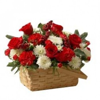 7 Red Roses and 5 Red Carnations and 7 White Gerberas in a Basket
