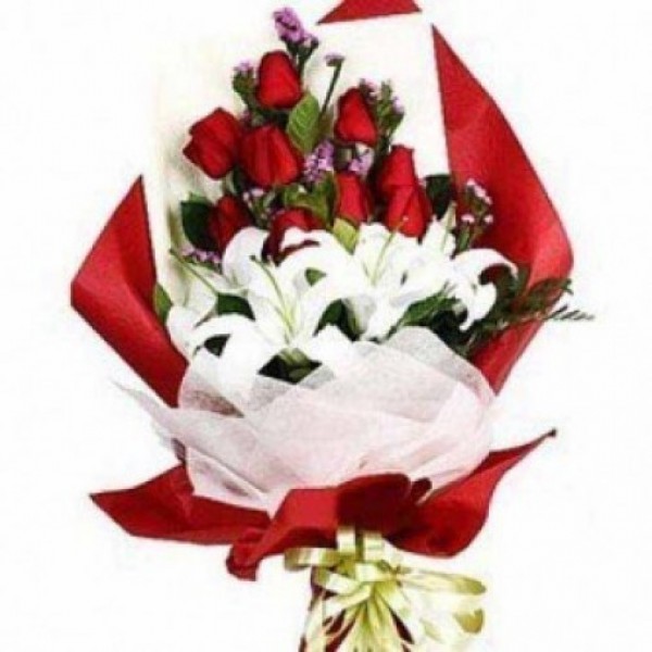 2 White Oriental Lilies and 10 Red Roses with Paper Packing