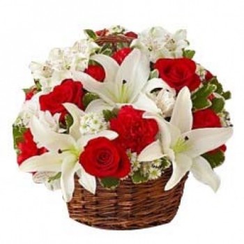 10 White Carnations and 10 Red Roses and 2 White Oriental Lilies in a Basket