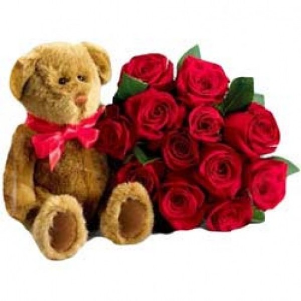 1 Teddy Bear (18 inches) with 12 Red Roses 