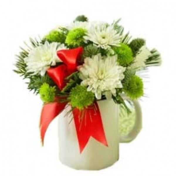 7 White Carnations in this White Coffee Mug