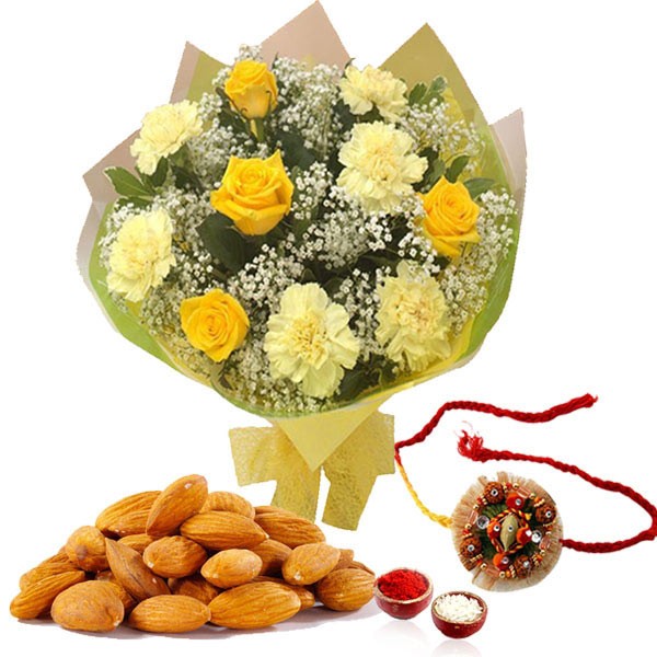 FLOWER WITH DRYFRUITS AND RAKHI 
