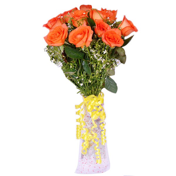 10 Orange Roses in Glass Vase