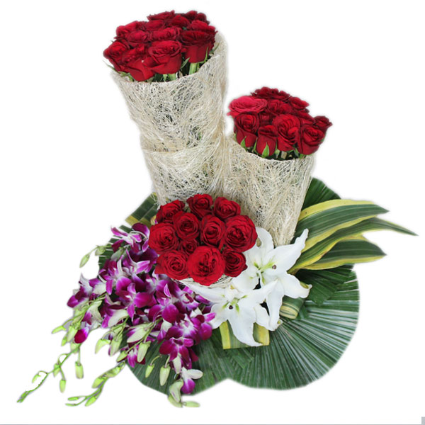 40 red Roses, 5 purple Orchid, green leaves, and 2 white Asiatic Lily Basket Arrangement
