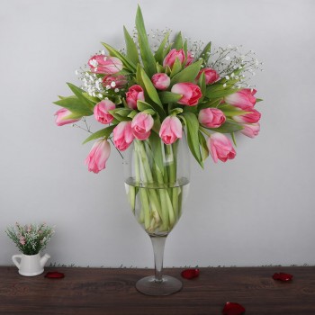 20 Pink Tulips in Champagne Glass Vase