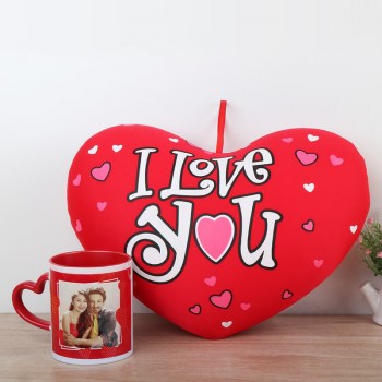 One Heart Shape Cushion with Personalised Red Heart Handle Ceramic Mug