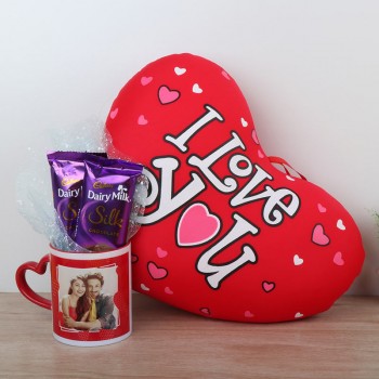 Gift Hamper of Heart Shape Cushion,2 Dairy Milk Silk Chocolate and Personalised Heart Handle Mug
