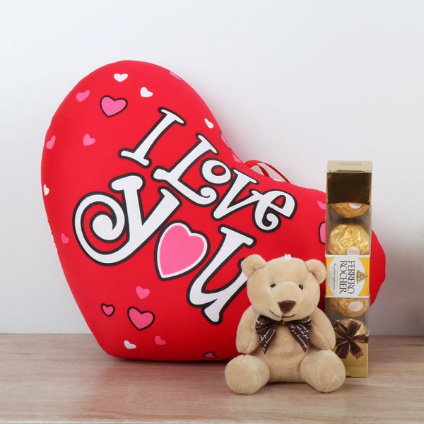 Heart Shape Cushion with Teddy Bear and Ferrero Rocher Chocolate