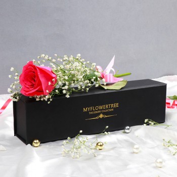 Single Stick of Dark Pink Rose in MyFlowerTree Luxury Black Box