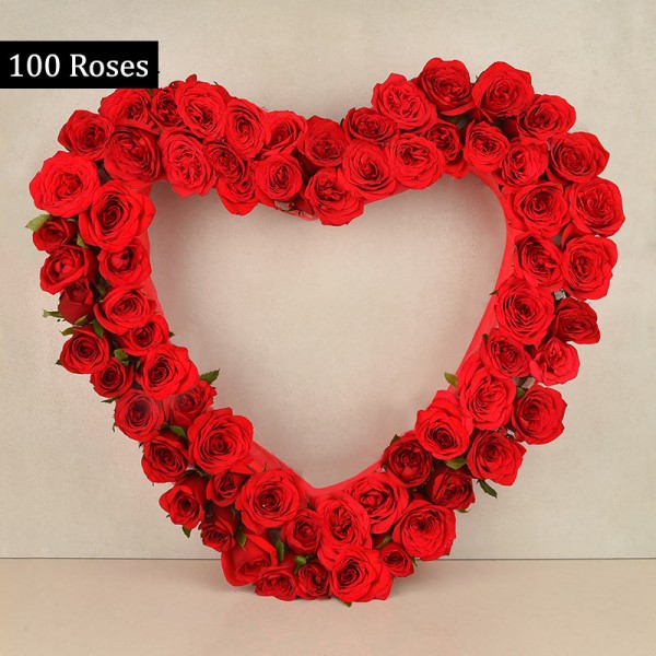 A Heart-shaped arrangement of 100 Red Roses
