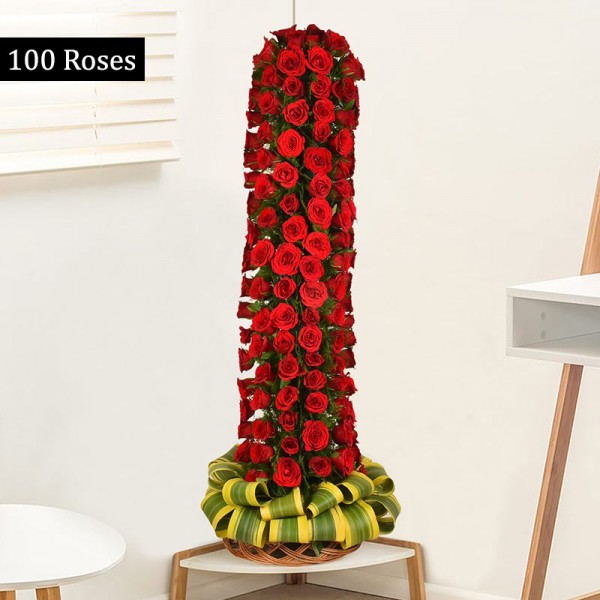 3 feet tall arrangement of 100 red roses in a Basket