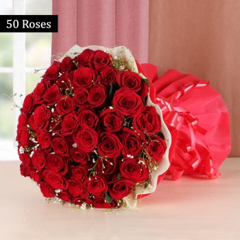 50 Red Roses with Red and White Paper