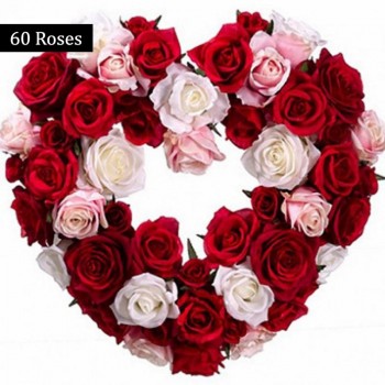  Heart-shaped arrangement of 60 Red, Pink and White Roses