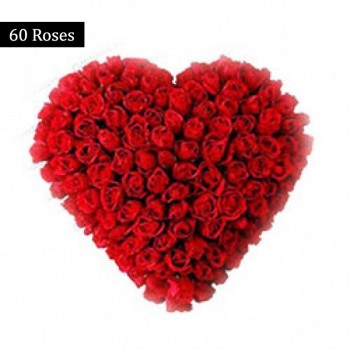 A Heart-Shaped arrangement of 60 Red Roses