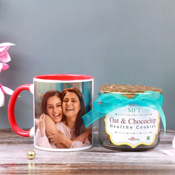One Personalised Red Handle Mug for Mom with Jar of Cookies