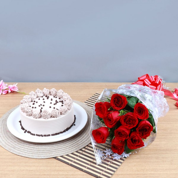 One Bouquet of 10 Red Roses in Cellophane Packing with 1/2 Kg Coffee Cake