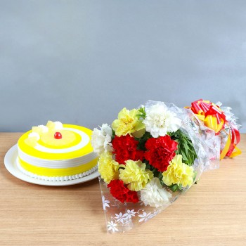 One Bouquet of 10 Mixed Carnations (4 Yellow,3 Red and 3 White) in Cellophane Packing with 1/2 Kg Pineapple Cake