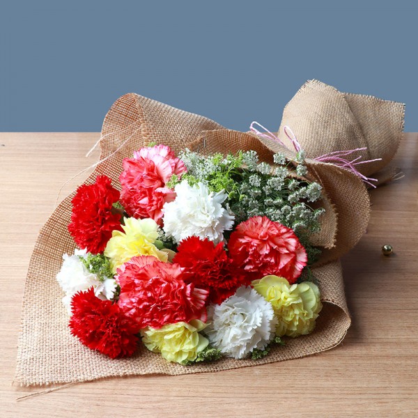 12 Assorted Carnations (Yellow,White,Red and Pink) with Jute Packing