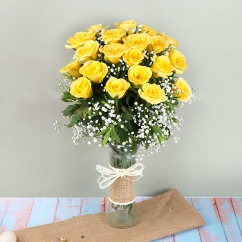 20 Yellow Roses in a Glass Vase wrapped with Jute